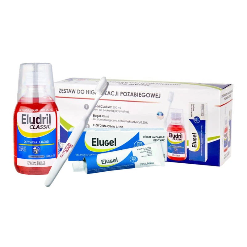 ELUDRIL zestaw pozabiegowy płyn Eludril + żel Elugel  40ml + szczoteczka pozabiegowa