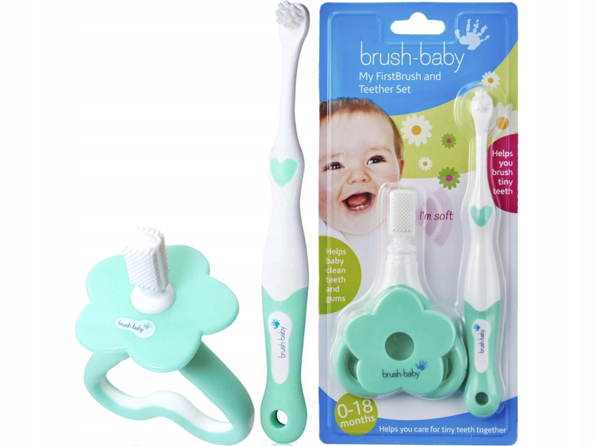 BRUSH-BABY Zestaw na ząbkowanie gryzak i szczoteczka - 0-18 miesięcy