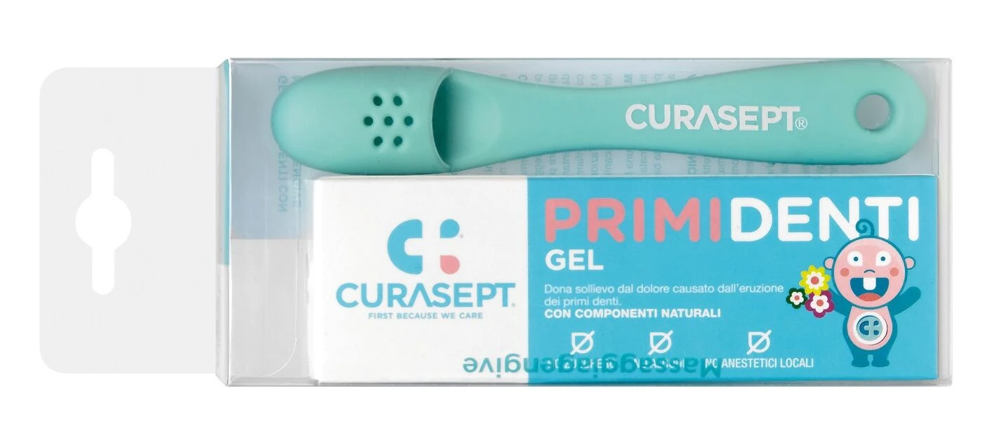 Zestaw dla dzieci - CURASEPT PRIMI DENT żel na ząbkowanie 20 ml  + Szczoteczka do masażu dziąseł
