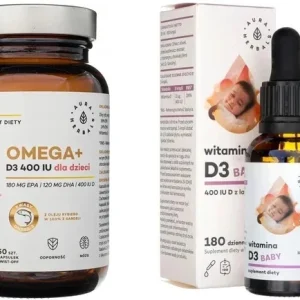 Zestaw Aura Herbals Omega D3 800 IU dl adzieci 60 kaps+ Aura Herbals Wit. D3 Baby 400 IU z lanoliny krople 30ml