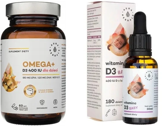 Zestaw Aura Herbals Omega D3 800 IU dl adzieci 60 kaps+ Aura Herbals Wit. D3 Baby 400 IU z lanoliny krople 30ml